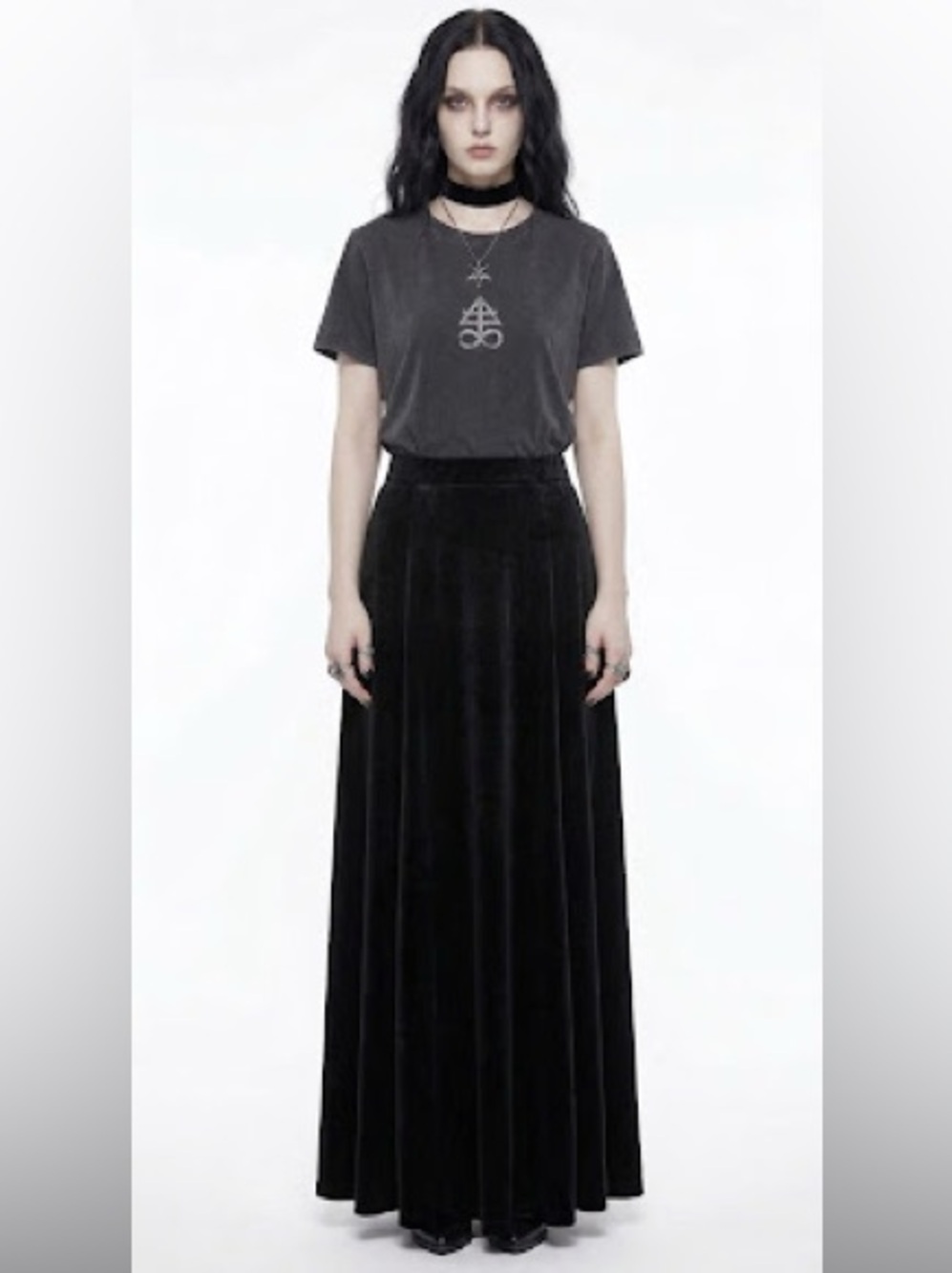 Whimsigoth Black Velvet Maxi Skirt Witchy Y2K Vampirecore Classic Minimalist